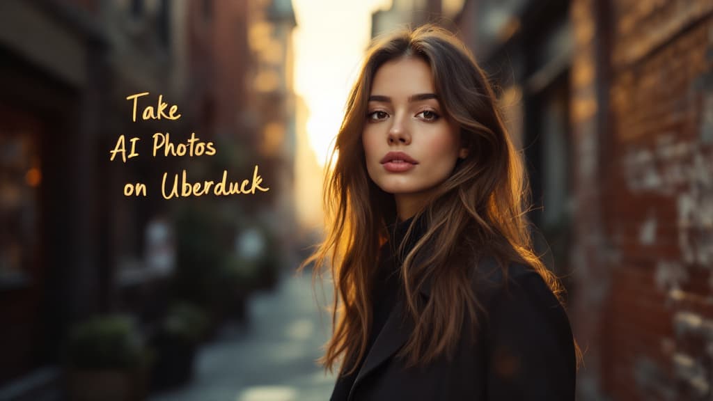 A female model stands next to text that says 'Take AI Photos on Uberduck'